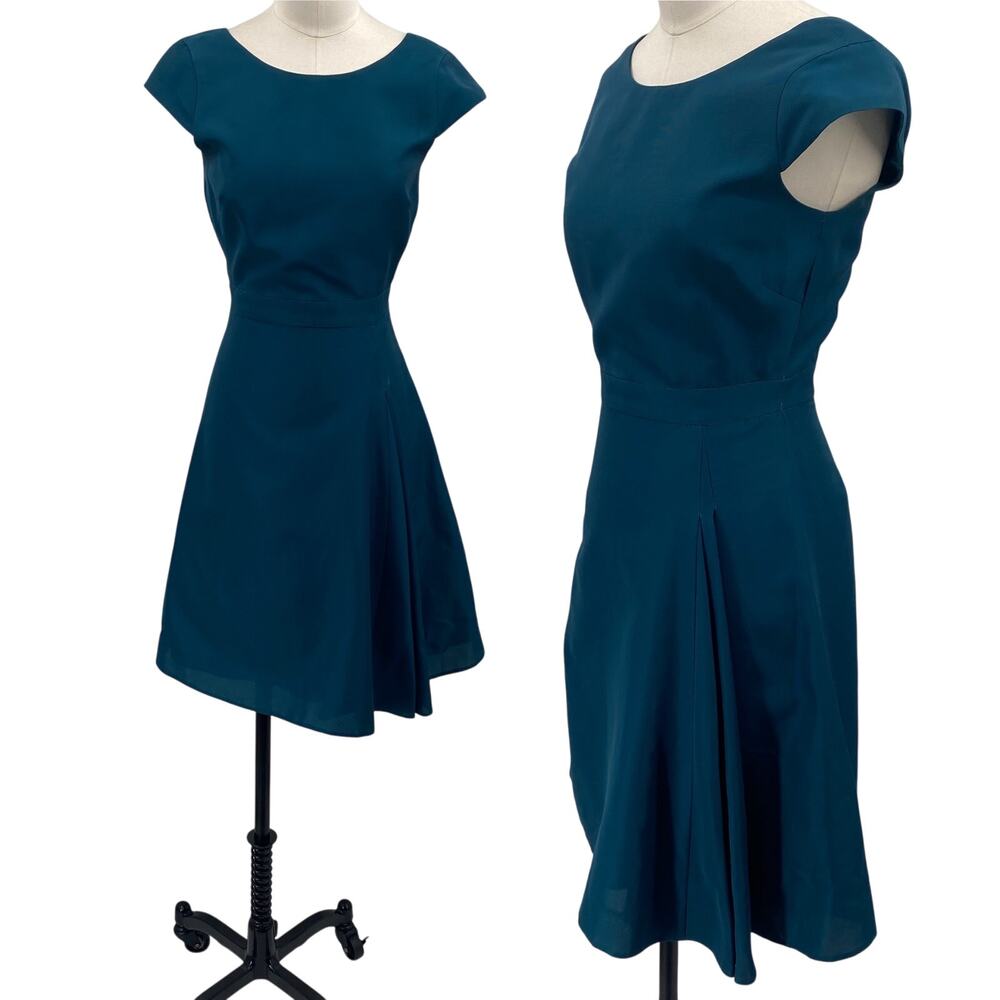 J. Crew Fit & Flare Pleated Mini Dress Scoop Neck Cap Sleeve Teal Blue Womens 0